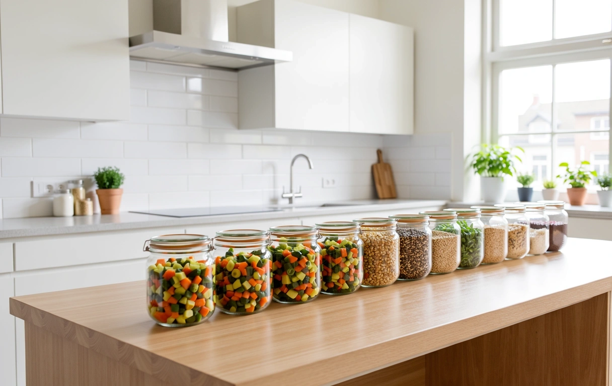 Georganiseerde keuken met vers bereide ingrediënten